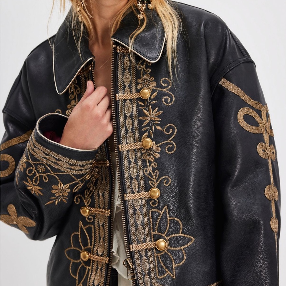 Sold Out We The Free People Lana Black and Gold Leather Jacket Embroidery XS